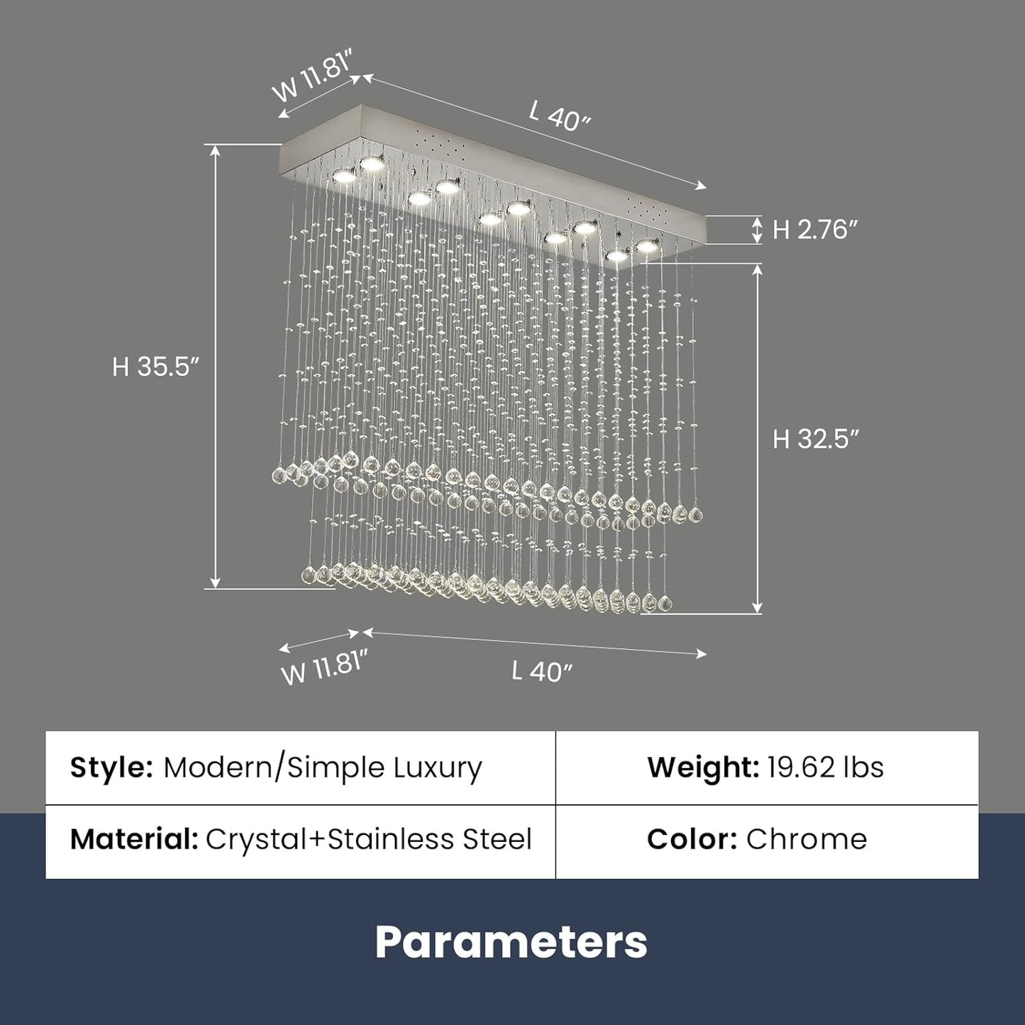 Raindrop Crystal Chandelier Modern Rectangular Raindrop Ceiling Lighting Fixture 10 Lights Rectangle Foyer Crystal Chandeliers Pendant LED Light for Dining Room L40 X W 12" X H 35.5"