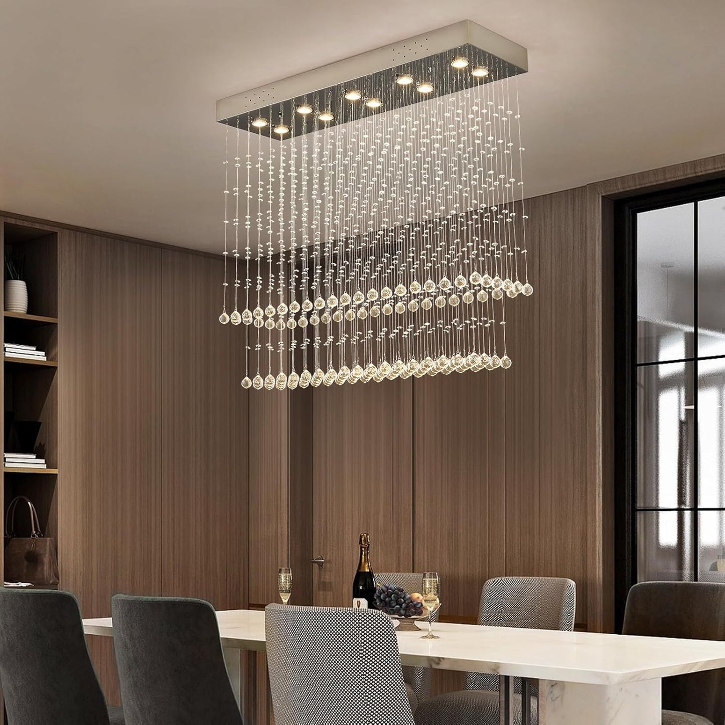 Raindrop Crystal Chandelier Modern Rectangular Raindrop Ceiling Lighting Fixture 10 Lights Rectangle Foyer Crystal Chandeliers Pendant LED Light for Dining Room L40 X W 12" X H 35.5"