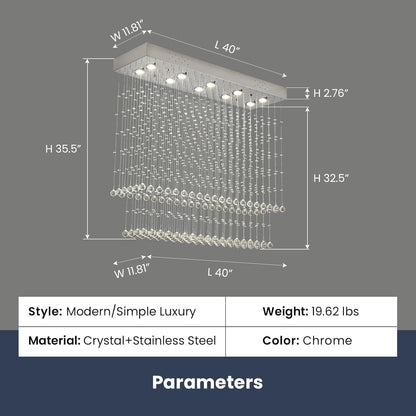 Raindrop Crystal Chandelier Modern Rectangular Raindrop Ceiling Lighting Fixture 10 Lights Rectangle Foyer Crystal Chandeliers Pendant LED Light for Dining Room L40 X W 12" X H 35.5"
