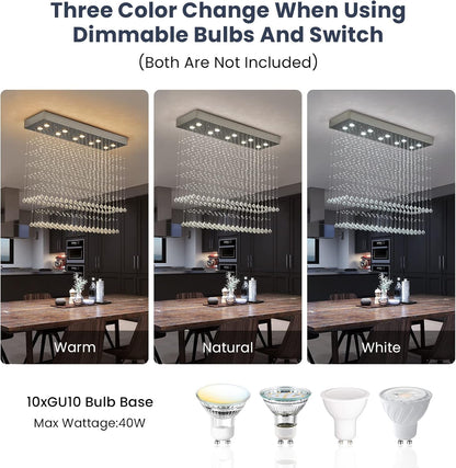 Raindrop Crystal Chandelier Modern Rectangular Raindrop Ceiling Lighting Fixture 10 Lights Rectangle Foyer Crystal Chandeliers Pendant LED Light for Dining Room L40 X W 12" X H 35.5"
